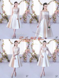 Stylish Tea Length Champagne Court Dresses for Sweet 16 Scoop Sleeveless Lace Up