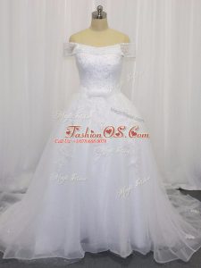 Free and Easy White Sleeveless Court Train Beading and Lace and Belt Wedding Gowns