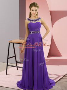 Fantastic Purple Empire Scoop Sleeveless Chiffon Brush Train Zipper Beading Mother Of The Bride Dress