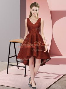 High Low Zipper Dama Dress for Quinceanera Rust Red for Wedding Party with Lace