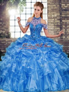 Customized Blue Lace Up Sweet 16 Quinceanera Dress Beading and Ruffles Sleeveless Floor Length