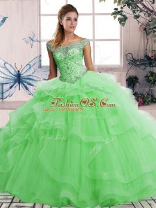 Dazzling Off The Shoulder Sleeveless Tulle 15th Birthday Dress Beading and Ruffles Lace Up