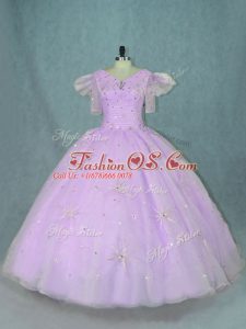 V-neck Sleeveless Sweet 16 Quinceanera Dress Floor Length Beading Lavender Organza