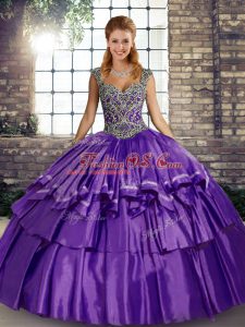Straps Sleeveless Vestidos de Quinceanera Floor Length Beading and Ruffled Layers Purple Taffeta
