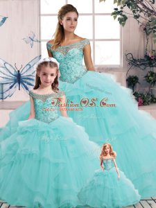 Free and Easy Off The Shoulder Sleeveless Tulle 15 Quinceanera Dress Beading and Ruffles Lace Up