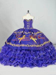 Chic Purple Ball Gowns Sweetheart Sleeveless Organza Brush Train Lace Up Embroidery and Ruffled Layers Quinceanera Dresses