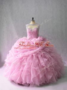 Flare Pink Quinceanera Dress Sweet 16 and Quinceanera with Beading and Ruffles Scoop Sleeveless Brush Train Lace Up