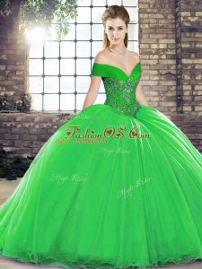 Dazzling Organza Sleeveless Quinceanera Gowns Brush Train and Beading