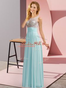Luxurious Scoop Sleeveless Side Zipper Vestidos de Damas Aqua Blue Chiffon