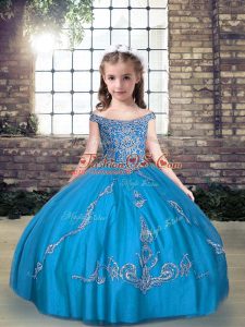 Tulle Sleeveless Floor Length Kids Pageant Dress and Beading and Appliques