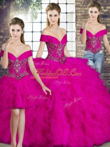 Trendy Off The Shoulder Sleeveless Lace Up Quinceanera Gown Fuchsia Tulle