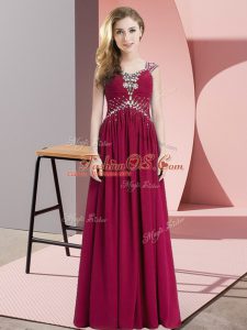 Fuchsia Lace Up Prom Gown Beading Cap Sleeves Floor Length