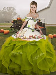 Custom Designed Olive Green Ball Gowns Tulle Off The Shoulder Sleeveless Embroidery and Ruffles Floor Length Lace Up Sweet 16 Dress