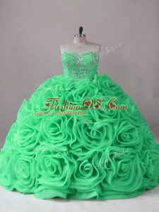 Sumptuous Sweetheart Sleeveless Quince Ball Gowns Brush Train Beading and Ruffles Fabric With Rolling Flowers