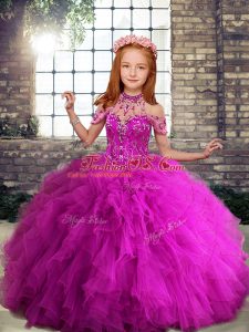 Amazing Floor Length Ball Gowns Sleeveless Fuchsia Pageant Dress for Womens Lace Up