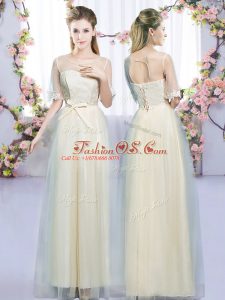 Custom Design Floor Length Lace Up Quinceanera Court of Honor Dress Champagne for Wedding Party with Lace and Bowknot