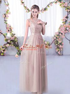 Pink Side Zipper Bridesmaids Dress Lace and Belt Sleeveless Floor Length