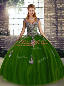 Sophisticated Olive Green Sleeveless Tulle Lace Up Quinceanera Gowns for Military Ball and Sweet 16 and Quinceanera