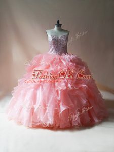 Floor Length Lace Up Quince Ball Gowns Pink for Sweet 16 and Quinceanera with Beading and Ruffles