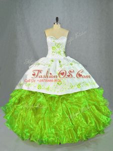 Green Satin and Organza Lace Up Sweetheart Sleeveless Sweet 16 Dresses Brush Train Beading and Embroidery