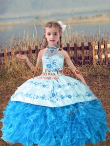 Halter Top Sleeveless Little Girls Pageant Dress Floor Length Beading and Embroidery and Ruffles Baby Blue Organza