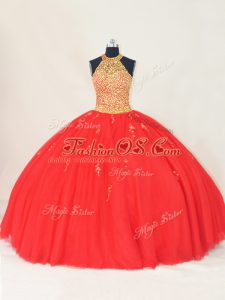 Red Lace Up Halter Top Beading and Appliques 15 Quinceanera Dress Tulle Sleeveless