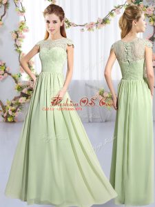 Amazing Cap Sleeves Chiffon Floor Length Clasp Handle Bridesmaid Dress in Yellow Green with Lace