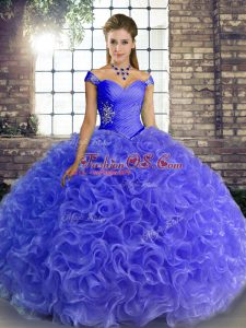 Blue Fabric With Rolling Flowers Lace Up Ball Gown Prom Dress Sleeveless Floor Length Beading