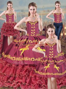 Spectacular Brush Train Ball Gowns Quince Ball Gowns Burgundy Sweetheart Satin and Organza Sleeveless Lace Up