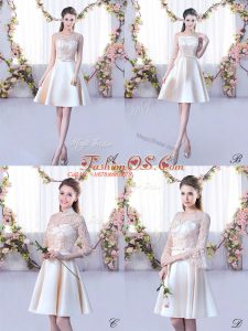 Best Selling A-line Damas Dress Champagne Scoop Satin Sleeveless Mini Length Lace Up