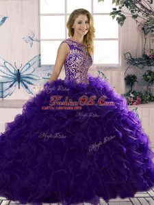 Extravagant Sleeveless Organza Floor Length Lace Up Quinceanera Gowns in Purple with Beading and Ruffles