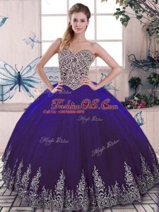 Fabulous Purple Ball Gowns Tulle Sweetheart Sleeveless Beading and Embroidery Floor Length Lace Up Sweet 16 Dress