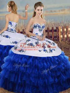 Cheap Royal Blue Sleeveless Floor Length Embroidery and Ruffled Layers Lace Up Vestidos de Quinceanera