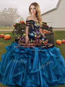 Floor Length Blue And Black Vestidos de Quinceanera Off The Shoulder Sleeveless Lace Up