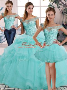 Top Selling Aqua Blue Sleeveless Floor Length Beading and Ruffles Lace Up Sweet 16 Dress