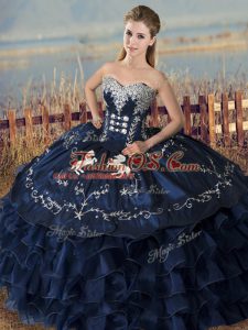 Floor Length Navy Blue 15 Quinceanera Dress Satin and Organza Sleeveless Embroidery and Ruffles