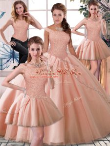 Peach Sleeveless Brush Train Beading Sweet 16 Dress