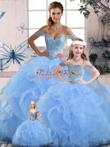 Adorable Blue Sleeveless Tulle Lace Up Sweet 16 Dress for Sweet 16 and Quinceanera
