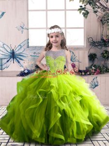 Floor Length Ball Gowns Sleeveless Olive Green Pageant Gowns For Girls Lace Up