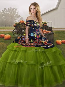Comfortable Olive Green Off The Shoulder Lace Up Embroidery and Ruffled Layers Quinceanera Gown Brush Train Sleeveless