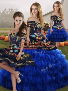 Blue And Black Sleeveless Organza Lace Up 15 Quinceanera Dress for Military Ball and Sweet 16 and Quinceanera