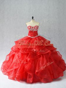 Red Sweetheart Neckline Beading and Ruffles Quinceanera Gowns Sleeveless Lace Up