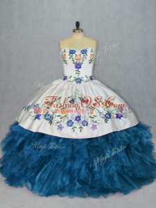 Attractive Blue Sleeveless Embroidery and Ruffles Lace Up Sweet 16 Quinceanera Dress