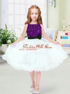 White Organza Zipper Scoop Sleeveless Knee Length Flower Girl Dress Sequins and Hand Made Flower