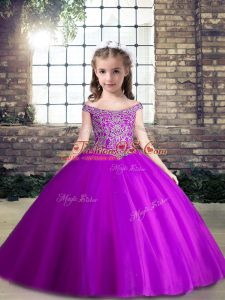 Purple Ball Gowns Off The Shoulder Sleeveless Tulle Floor Length Lace Up Beading High School Pageant Dress