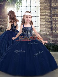 Navy Blue Sleeveless Beading Floor Length Child Pageant Dress