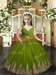 Tulle V-neck Sleeveless Backless Embroidery Girls Pageant Dresses in Olive Green