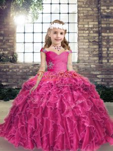 Straps Sleeveless Organza Child Pageant Dress Beading and Ruffles Lace Up