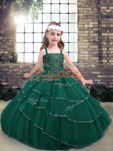 Peacock Green Ball Gowns Beading Girls Pageant Dresses Lace Up Lace Sleeveless Floor Length
