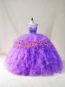 Floor Length Lace Up Ball Gown Prom Dress Purple for Sweet 16 and Quinceanera with Beading and Ruffles